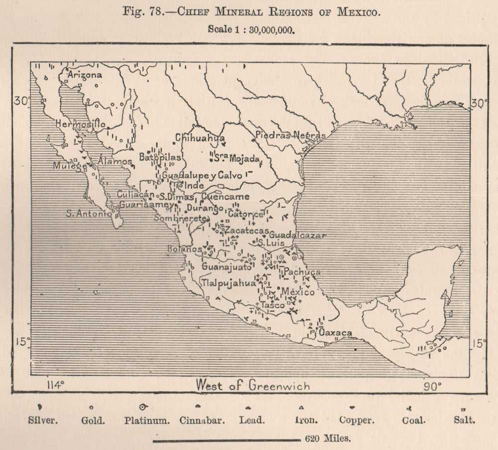 Chief Mineral regions of Mexico 1885 old antique vintage map plan chart